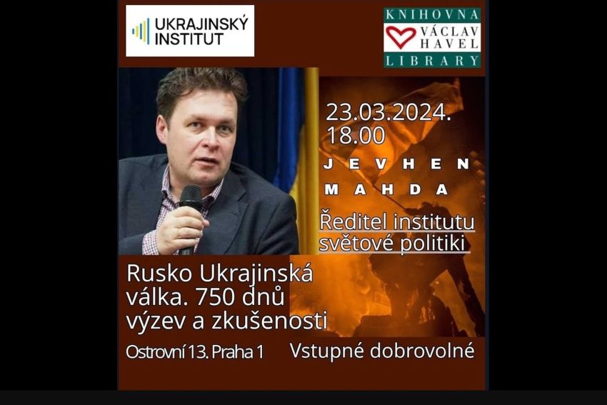 Jevhen Magda, ředitel Institutu světové politiky, přednáší v Knihovně Václava Havla v Praze o rusko-ukrajinské válce